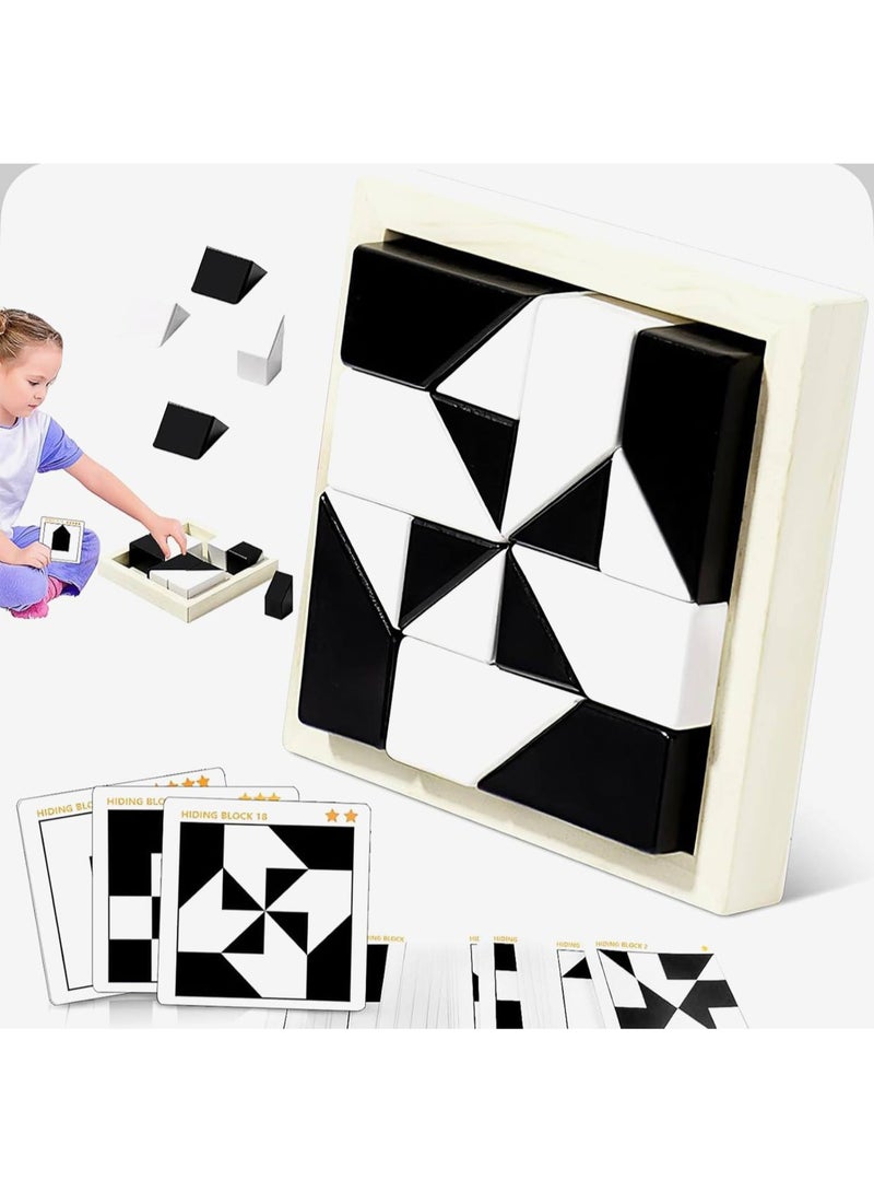 Educational Hiding Blocks Game - For Children 3+ Years Old A fun brain game consisting of 8 two-colored (black and white) blocks and a wooden tray, with 40 double-sided cards containing challenges to create different shapes. - Image 2