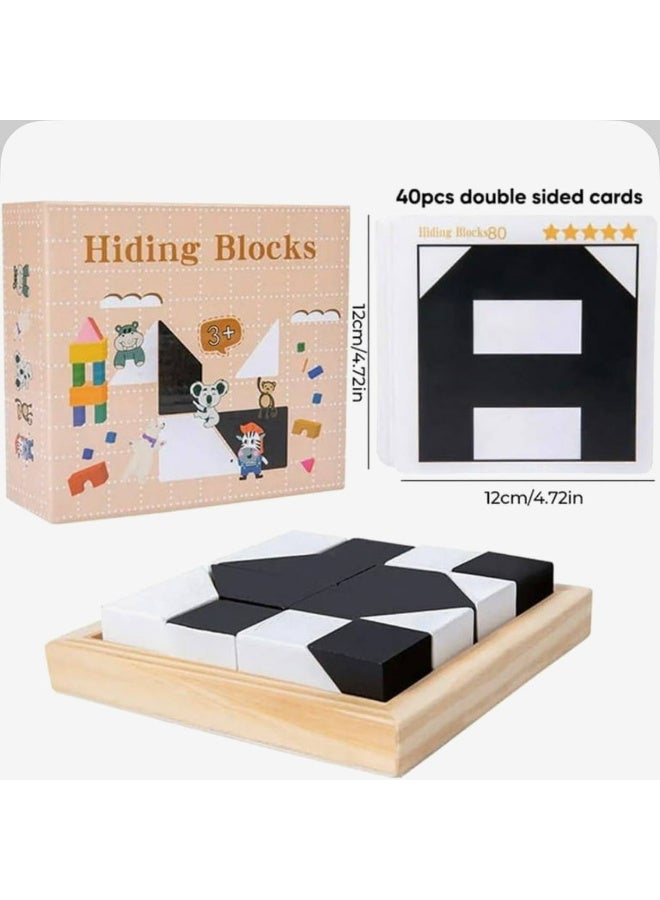 Educational Hiding Blocks Game - For Children 3+ Years Old A fun brain game consisting of 8 two-colored (black and white) blocks and a wooden tray, with 40 double-sided cards containing challenges to create different shapes. - Image 3