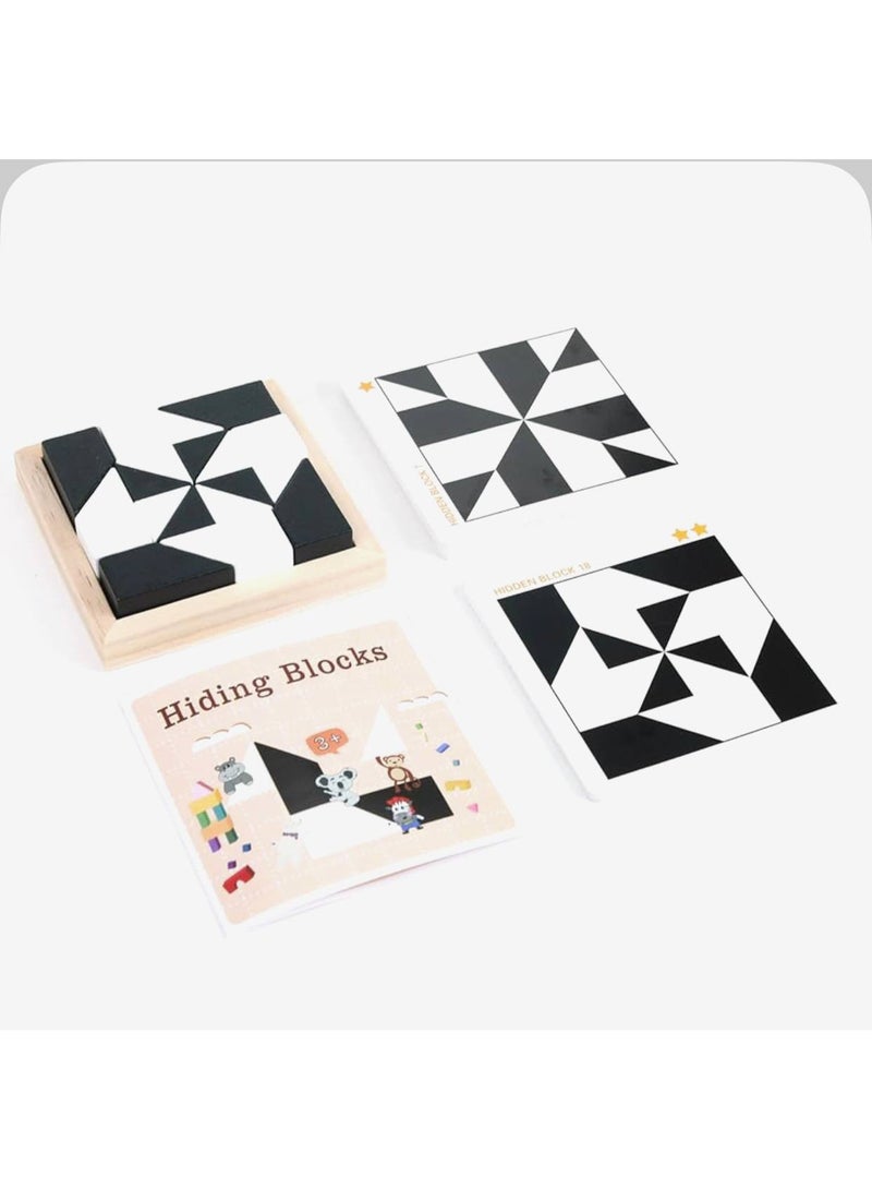 Educational Hiding Blocks Game - For Children 3+ Years Old A fun brain game consisting of 8 two-colored (black and white) blocks and a wooden tray, with 40 double-sided cards containing challenges to create different shapes. - Image 4