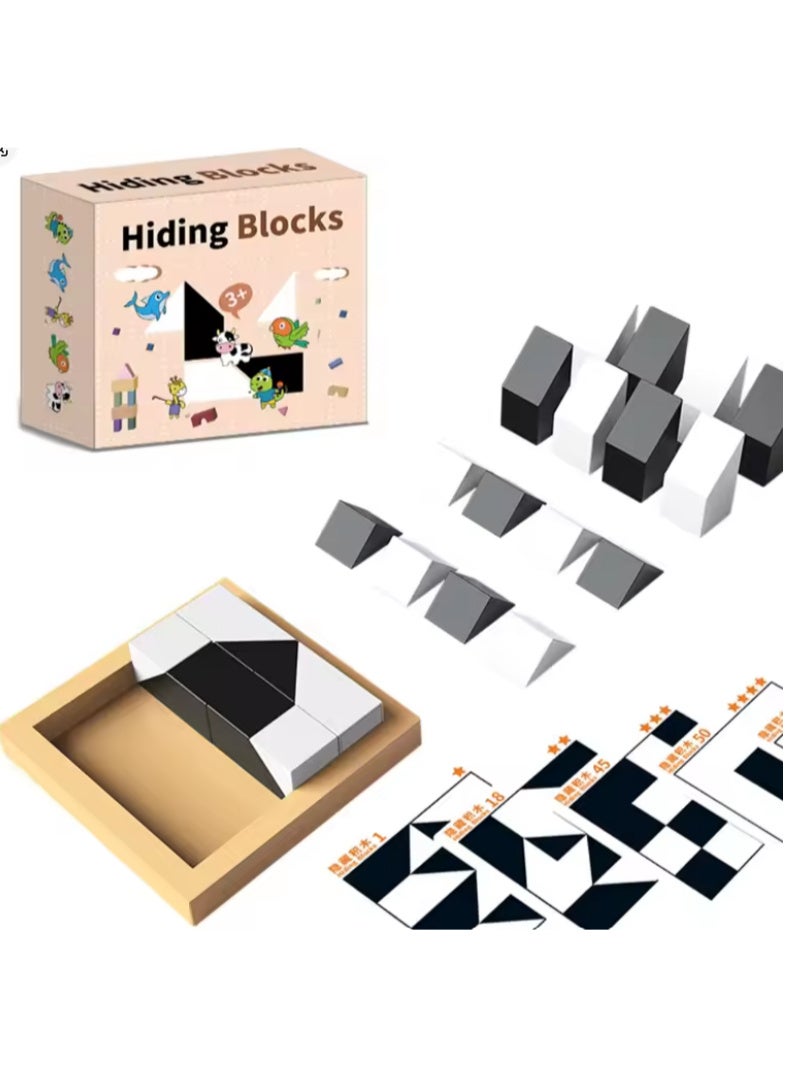 Educational Hiding Blocks Game - For Children 3+ Years Old A fun brain game consisting of 8 two-colored (black and white) blocks and a wooden tray, with 40 double-sided cards containing challenges to create different shapes. - Image 5