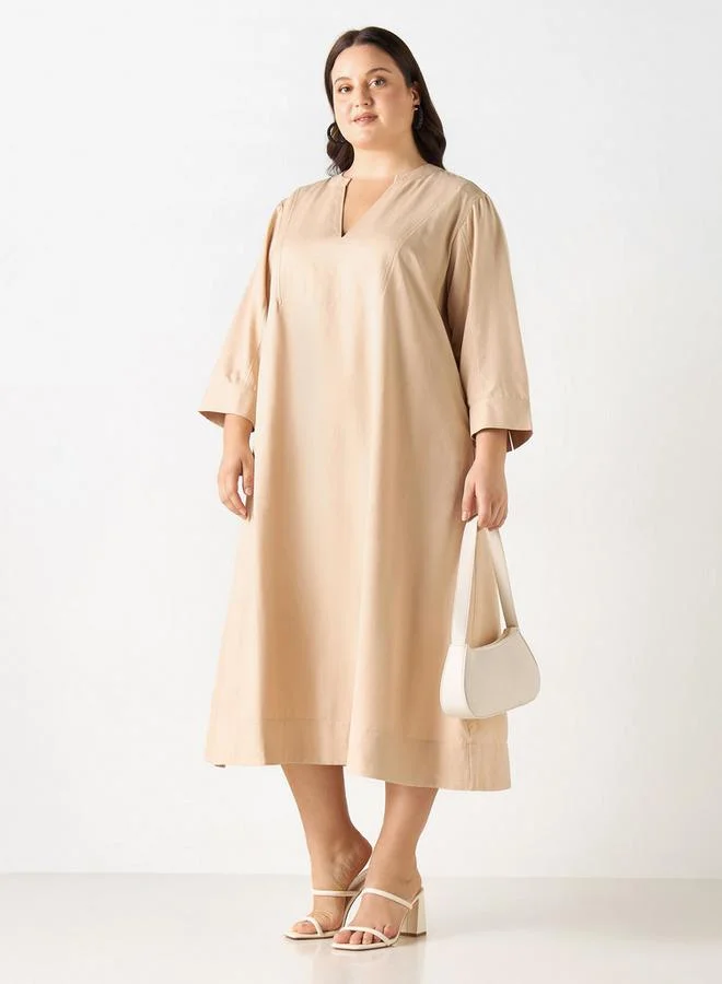 Ulla Popken Plus Size Ulla Popken Dress with Split Neck and 3/4 Sleeves