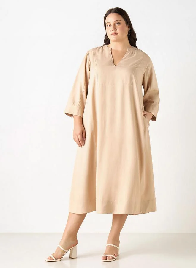 Ulla Popken Plus Size Ulla Popken Dress with Split Neck and 3/4 Sleeves