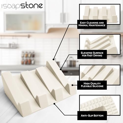 iSoapStone Silicone Soap Dish (USA Patented) Self Draining Bar Soap Holder for Shower Bathroom Sink, Drying Soap Dish Tray Sponge Holder Easy Cleaning Soap Saver Travel Accessories (Beige, 1) - Image 5