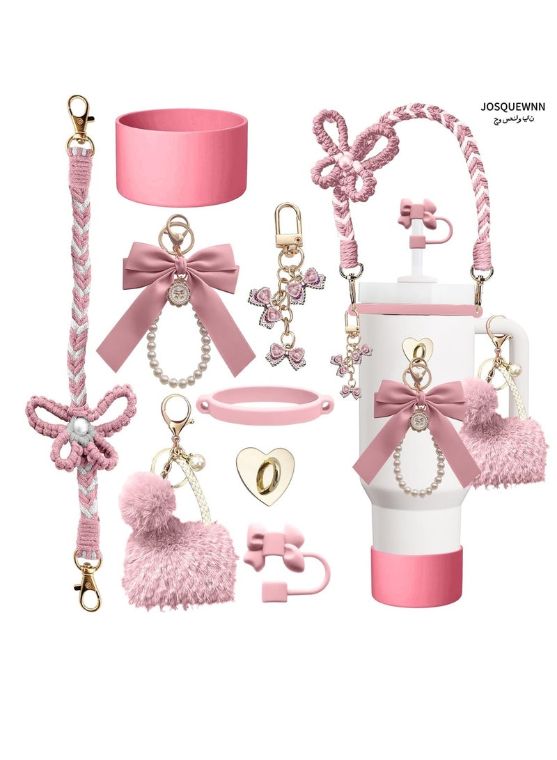 جوسكوين طقم إكسسوارات لزجاجة المياه مكون من 8 قطع لكأس ستانلي، يشمل غطاء للشفاطة، غطاء سيليكون، حزام مقبض للزجاجة، قلادة كأس ستانلي، مناسب لكأس ستانلي بسعة 30 أونصة و40 أونصة، باللون الوردي. - Image 1