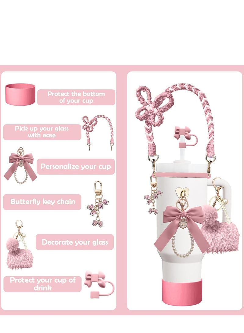 جوسكوين طقم إكسسوارات لزجاجة المياه مكون من 8 قطع لكأس ستانلي، يشمل غطاء للشفاطة، غطاء سيليكون، حزام مقبض للزجاجة، قلادة كأس ستانلي، مناسب لكأس ستانلي بسعة 30 أونصة و40 أونصة، باللون الوردي. - Image 2