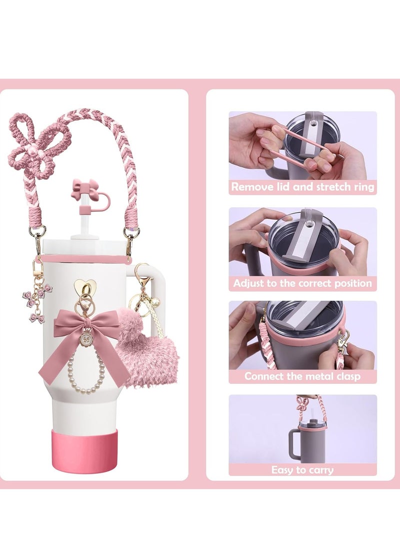 جوسكوين طقم إكسسوارات لزجاجة المياه مكون من 8 قطع لكأس ستانلي، يشمل غطاء للشفاطة، غطاء سيليكون، حزام مقبض للزجاجة، قلادة كأس ستانلي، مناسب لكأس ستانلي بسعة 30 أونصة و40 أونصة، باللون الوردي. - Image 3