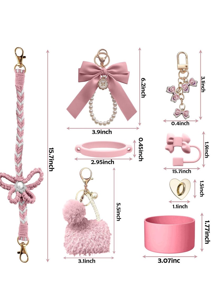 جوسكوين طقم إكسسوارات لزجاجة المياه مكون من 8 قطع لكأس ستانلي، يشمل غطاء للشفاطة، غطاء سيليكون، حزام مقبض للزجاجة، قلادة كأس ستانلي، مناسب لكأس ستانلي بسعة 30 أونصة و40 أونصة، باللون الوردي. - Image 4