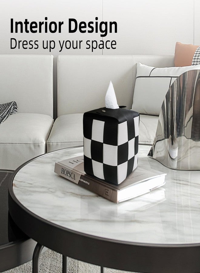 MSJGA Tissue Box Cover, Square PU Leather Tissue Box Holder with Metal Buckle, Checkerboard Tissue Box, Decorative Organizer for Bedroom, Vanity Desk, Nightstand, Bathroom, Office (Black) - Image 2