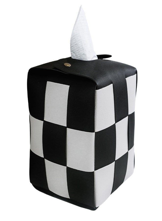 MSJGA Tissue Box Cover, Square PU Leather Tissue Box Holder with Metal Buckle, Checkerboard Tissue Box, Decorative Organizer for Bedroom, Vanity Desk, Nightstand, Bathroom, Office (Black) - Image 1