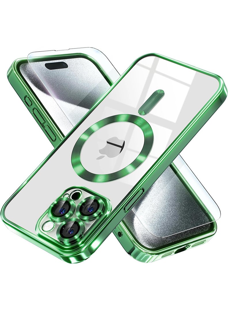 Theodor Magnetic Case for iPhone 15 Pro Max with MagSafe Drop Protection Full Camera Lens Protector Plating Soft Clear Phone Case 6.7 inch - Green - Image 1