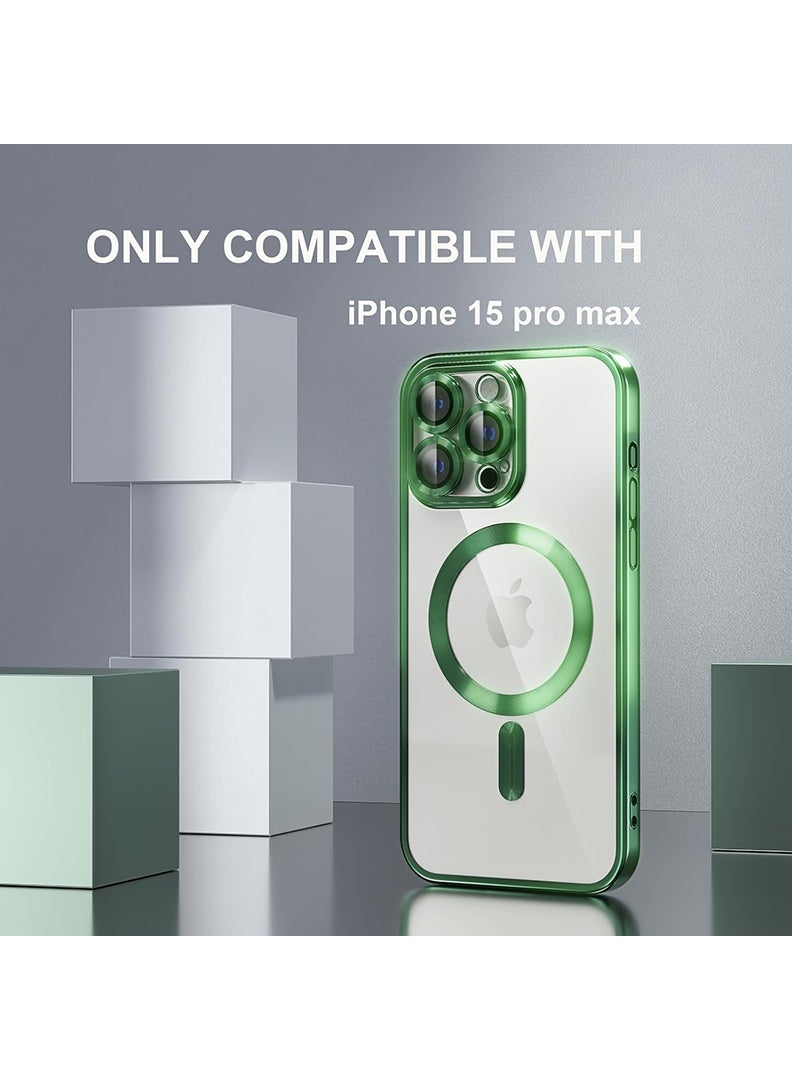 Theodor Magnetic Case for iPhone 15 Pro Max with MagSafe Drop Protection Full Camera Lens Protector Plating Soft Clear Phone Case 6.7 inch - Green - Image 2