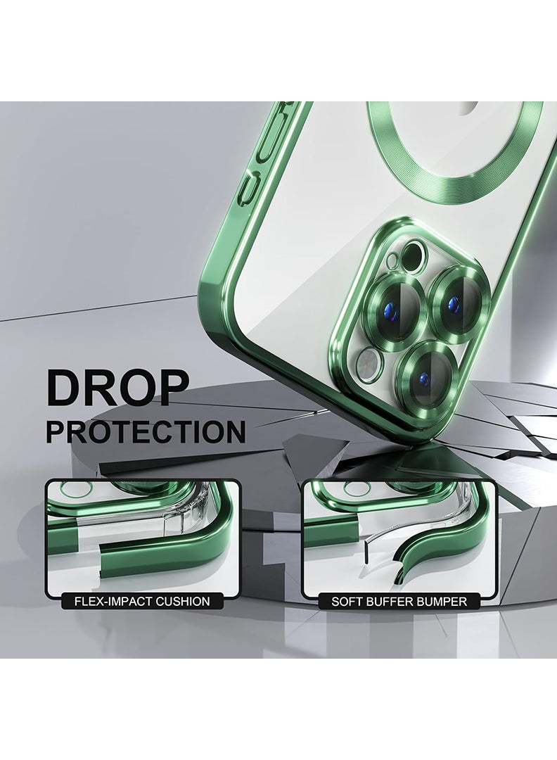 Theodor Magnetic Case for iPhone 15 Pro Max with MagSafe Drop Protection Full Camera Lens Protector Plating Soft Clear Phone Case 6.7 inch - Green - Image 4