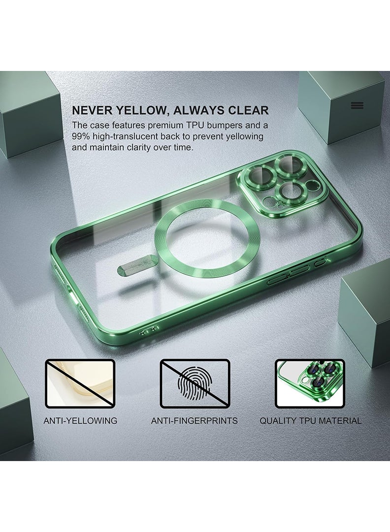 Theodor Magnetic Case for iPhone 15 Pro Max with MagSafe Drop Protection Full Camera Lens Protector Plating Soft Clear Phone Case 6.7 inch - Green - Image 3