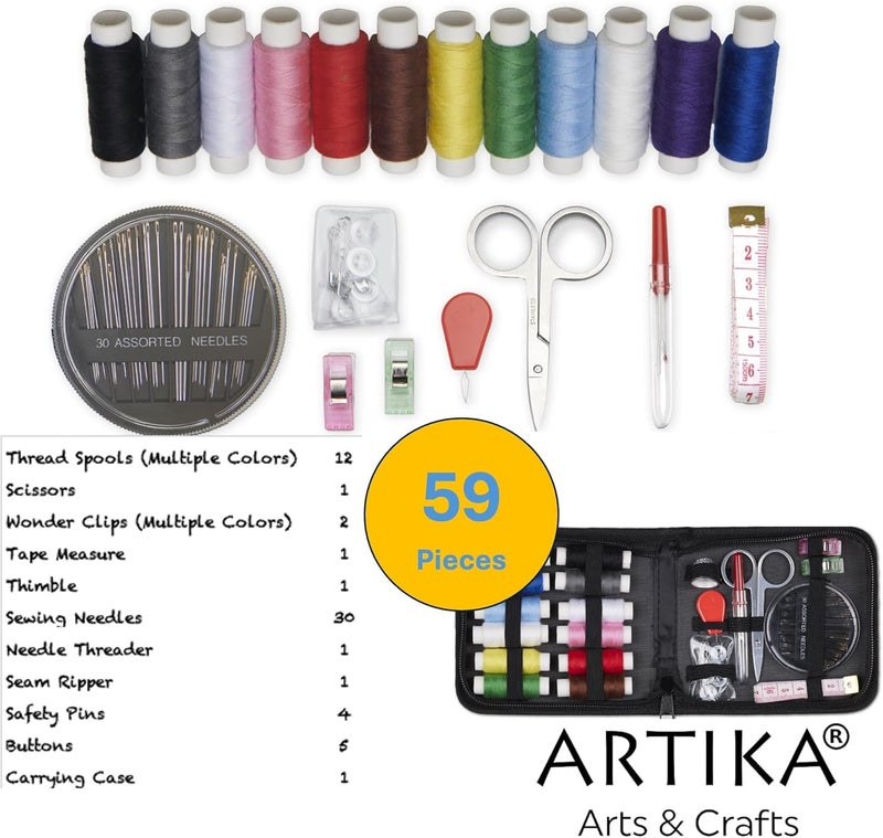 ARTIKA طقم خياطة للسفر، طقم محمول مكون من 59 قطعة للسفر، يشمل مقص، خيط، شريط قياس - ملحقات وأدوات الخياطة - Image 2