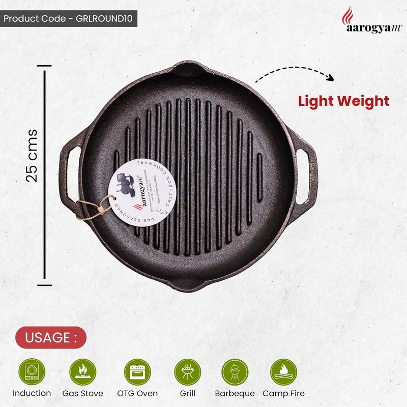 Aarogyam Aarogyam Cast Iron Grill Pan 10inch 25 cms Round Short Double Handle PreSeasoned Gas Induction Compatible NonToxic Naturally NonStick Oven Safe 22 Kgs  - Image 2