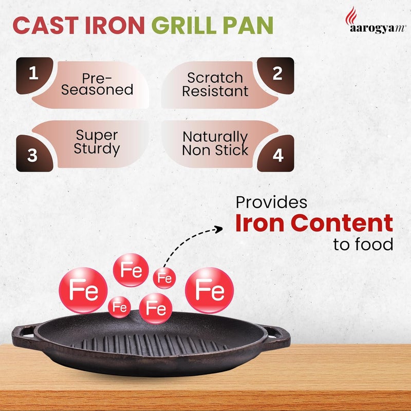 Aarogyam Aarogyam Cast Iron Grill Pan 10inch 25 cms Round Short Double Handle PreSeasoned Gas Induction Compatible NonToxic Naturally NonStick Oven Safe 22 Kgs  - Image 3
