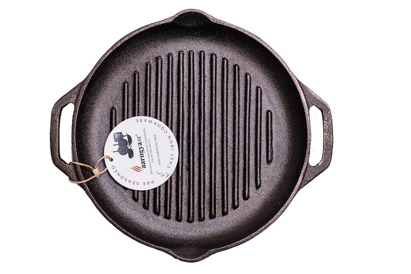 Aarogyam Aarogyam Cast Iron Grill Pan 10inch 25 cms Round Short Double Handle PreSeasoned Gas Induction Compatible NonToxic Naturally NonStick Oven Safe 22 Kgs  - Image 1
