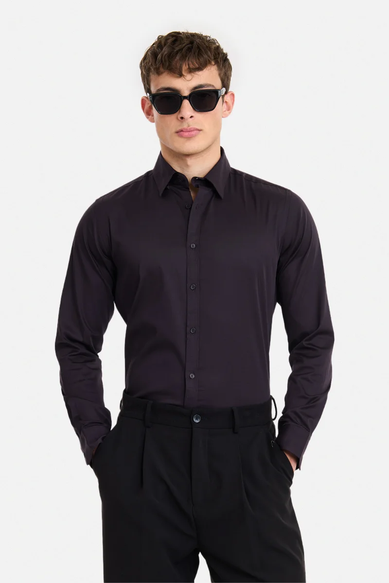 سنيتش Wine Solid Long Sleeve Slim Fit Formal Shirt