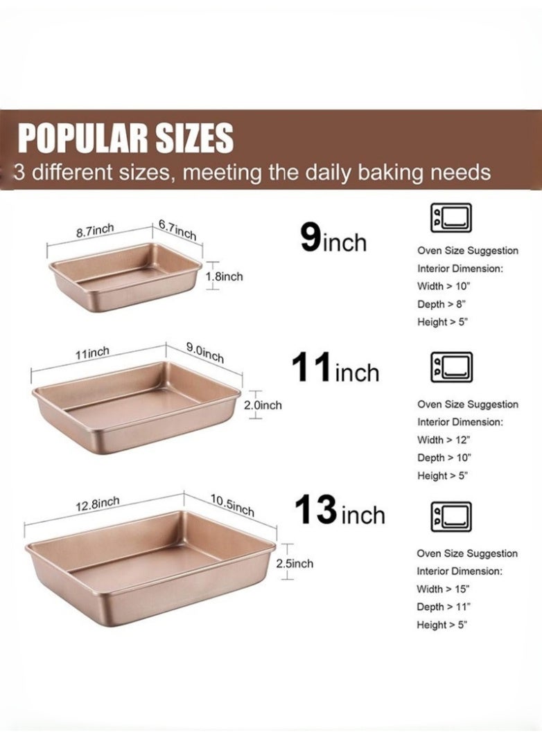 3Pcs Rectangle Deep Baking Pan Set, Cake Baking Tray Set,Rectangular Thick And Deep Baking Trays, Non Stick Baking Tray, Suitable For Biscuits, Bread, Pizza, Etc.Golden, Available In 13 Inch, 11 Inch And 9 Inch Sizes. - Image 3