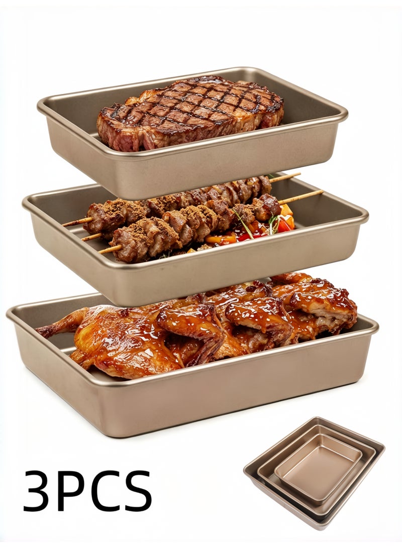 3Pcs Rectangle Deep Baking Pan Set, Cake Baking Tray Set,Rectangular Thick And Deep Baking Trays, Non Stick Baking Tray, Suitable For Biscuits, Bread, Pizza, Etc.Golden, Available In 13 Inch, 11 Inch And 9 Inch Sizes. - Image 1