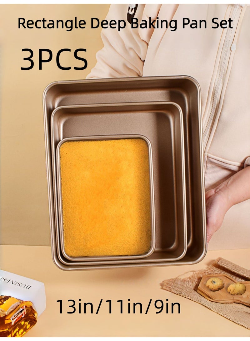 3Pcs Rectangle Deep Baking Pan Set, Cake Baking Tray Set,Rectangular Thick And Deep Baking Trays, Non Stick Baking Tray, Suitable For Biscuits, Bread, Pizza, Etc.Golden, Available In 13 Inch, 11 Inch And 9 Inch Sizes. - Image 4
