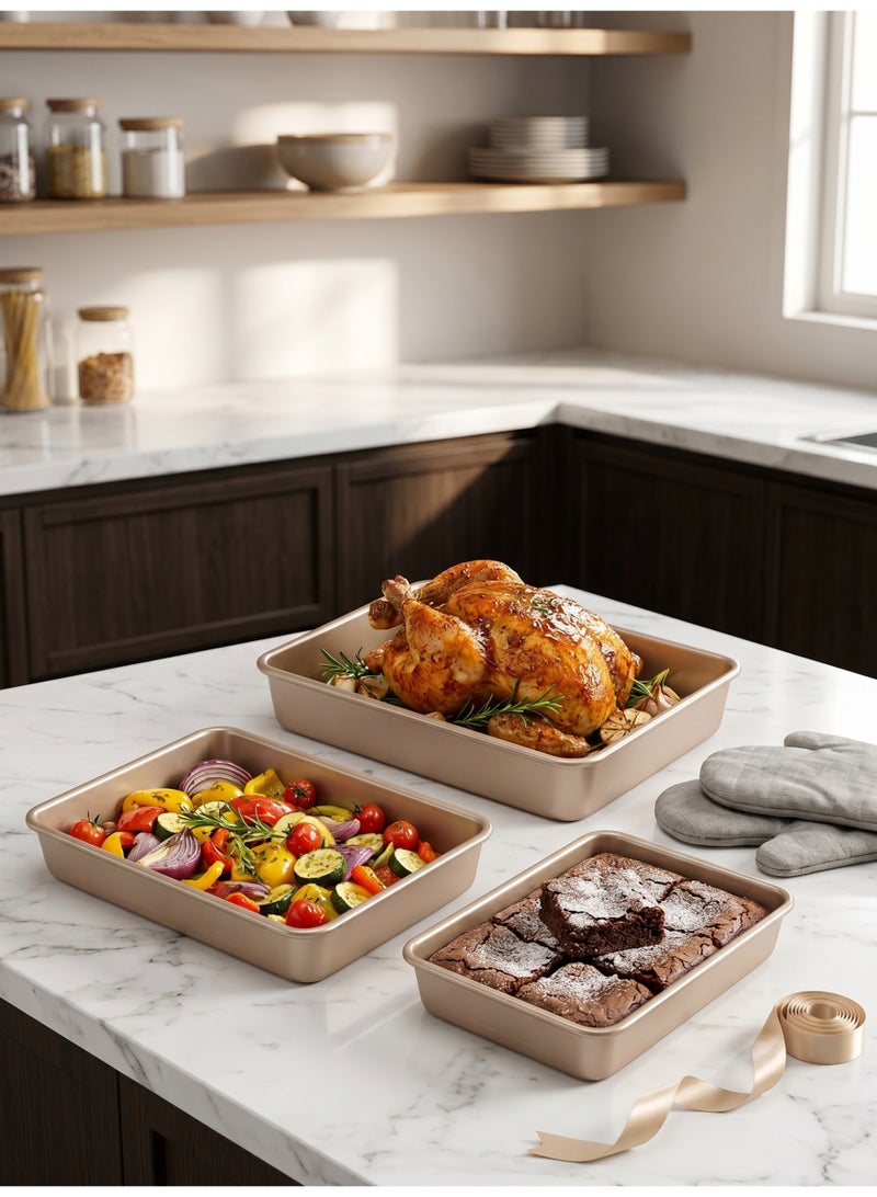3Pcs Rectangle Deep Baking Pan Set, Cake Baking Tray Set,Rectangular Thick And Deep Baking Trays, Non Stick Baking Tray, Suitable For Biscuits, Bread, Pizza, Etc.Golden, Available In 13 Inch, 11 Inch And 9 Inch Sizes. - Image 2