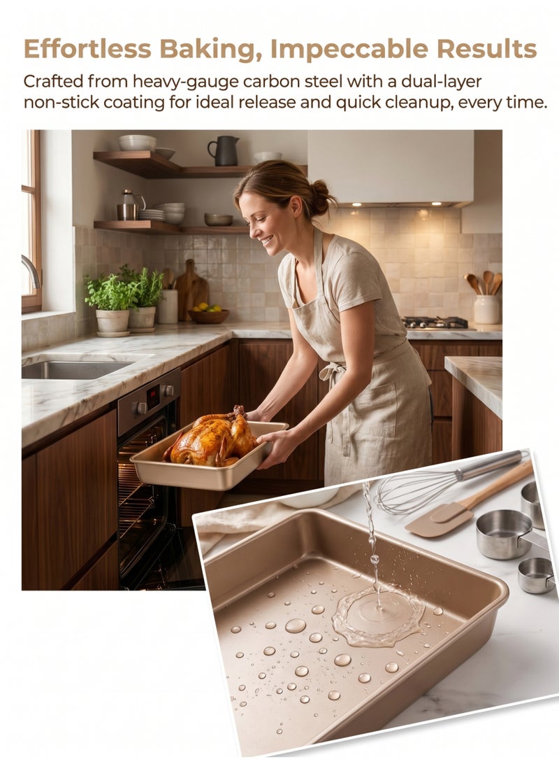 3Pcs Rectangle Deep Baking Pan Set, Cake Baking Tray Set,Rectangular Thick And Deep Baking Trays, Non Stick Baking Tray, Suitable For Biscuits, Bread, Pizza, Etc.Golden, Available In 13 Inch, 11 Inch And 9 Inch Sizes. - Image 5