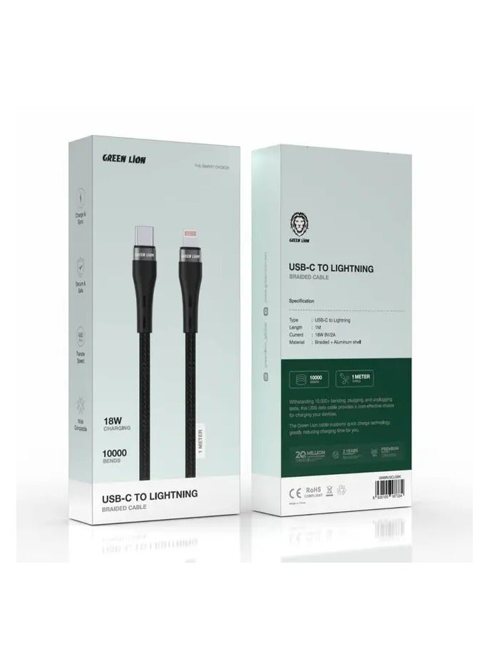 GREEN LION USB-C to Lightning Braided Cable 18W / Secure & Safe / Wide Compatibility / Charge & Sync / 10000 Bends Life Span / 480Mbps Transfer Speed - Black - Image 2
