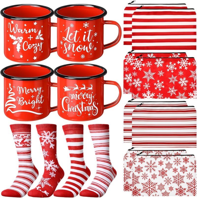 Baderke 4 Set Christmas Gifts Christmas Mugs Red Enamel Mug 4 Pcs Xmas Makeup Bags Bulk Santa Goodie Bags and 4 Pcs Santa Socks Xmas Socks for Women Family Friend - Image 1
