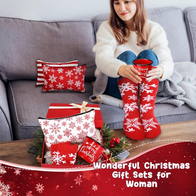Baderke 4 Set Christmas Gifts Christmas Mugs Red Enamel Mug 4 Pcs Xmas Makeup Bags Bulk Santa Goodie Bags and 4 Pcs Santa Socks Xmas Socks for Women Family Friend - Image 2