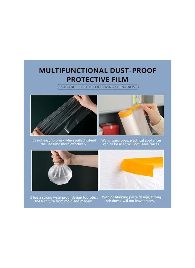 PROMASS - promass Plastic Dust Sheet for Decorating, 4 Rolls Waterproof Masking Film Rolls, Protective Masking Film, Transparent Pre-Taped Masking Film, Prevent Dust Paint for Car, Furniture, Floor(2.4M x 20M) - Image 1