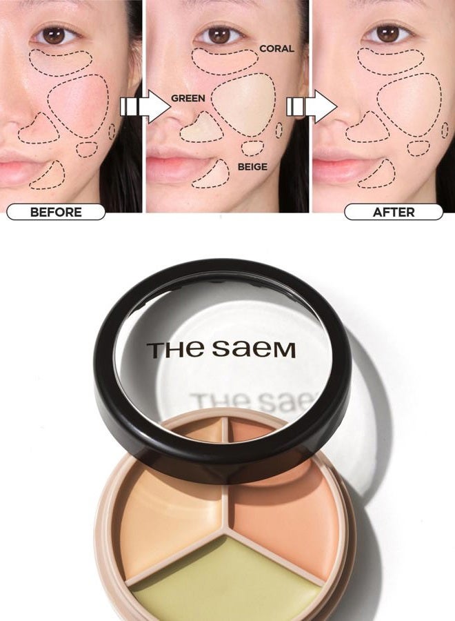 THESAEM Cover Perfection Triple Pot Concealer - 3 Color Concealer with Clear Beige, Green & Peach Shades - Full Coverage to Correct & Conceal Redness, Dark Circles, 01 Correct Beige - Image 3