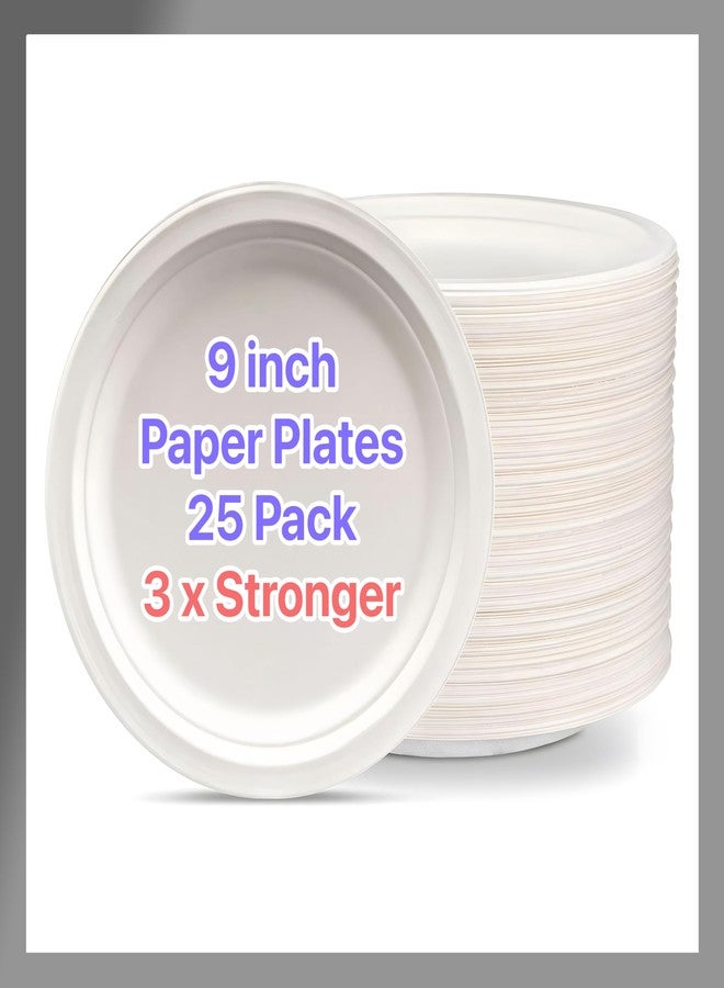 Pokanic Paper Plates White [9 inch] - [25 Pack] Heavy-Duty 3 x Stronger Soak-Proof Cut Resistant Microwave-Safe 100% Compostable Eco-Friendly Biodegradable Disposable (25 Pack, 9 Inch - White) - Image 1