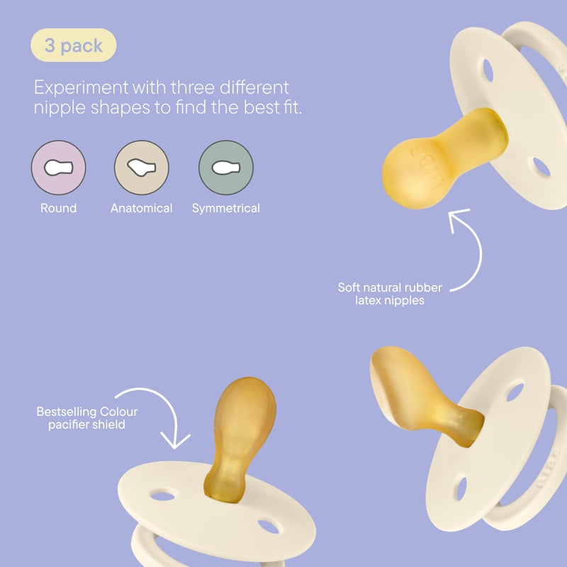 BIBS Colour Liberty Try-It Collection: 3 Soothers for Your Baby's Unique Needs, Round Nipple. Natural Rubber Latex, Made in Denmark, 0+ Months (Pack of 3), Eloise - Image 4