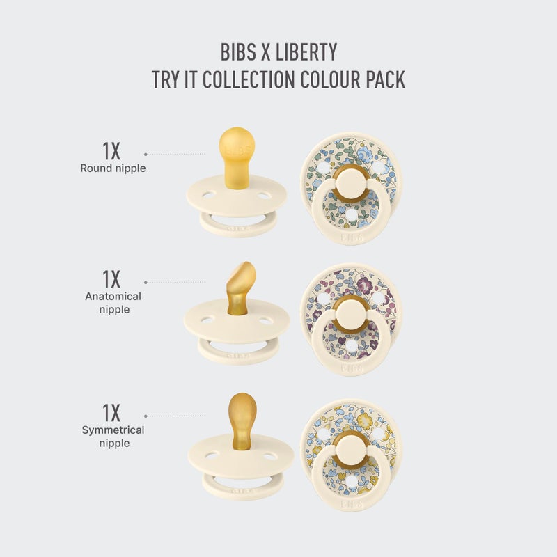 BIBS Colour Liberty Try-It Collection: 3 Soothers for Your Baby's Unique Needs, Round Nipple. Natural Rubber Latex, Made in Denmark, 0+ Months (Pack of 3), Eloise - Image 3