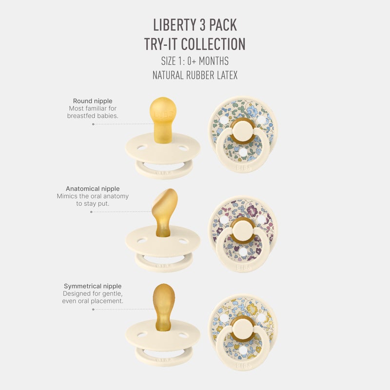 BIBS Colour Liberty Try-It Collection: 3 Soothers for Your Baby's Unique Needs, Round Nipple. Natural Rubber Latex, Made in Denmark, 0+ Months (Pack of 3), Eloise - Image 2