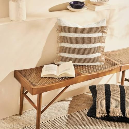 MOCOFO Handwoven Jute Cotton Striped Pillow Covers, Wabi Sabi Boho Farmhouse Decorative Throw Cushion Cover with Fringe, 18x18 & 12x20 Inch (Cover Only) (White/Natural, 18x18) - Image 4