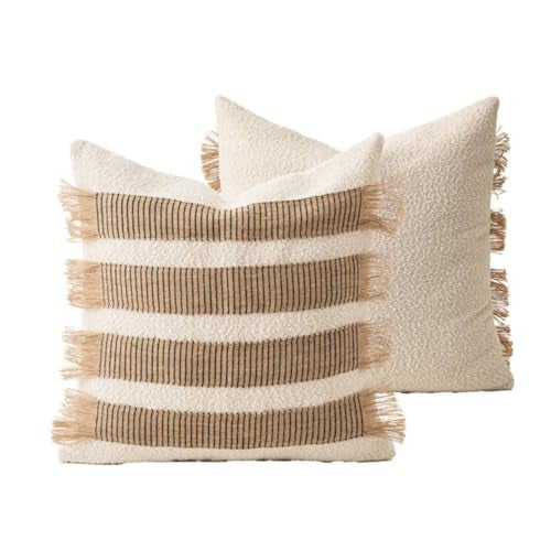 MOCOFO Handwoven Jute Cotton Striped Pillow Covers, Wabi Sabi Boho Farmhouse Decorative Throw Cushion Cover with Fringe, 18x18 & 12x20 Inch (Cover Only) (White/Natural, 18x18) - Image 1