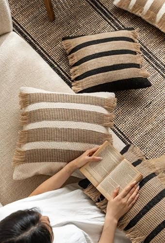 MOCOFO Handwoven Jute Cotton Striped Pillow Covers, Wabi Sabi Boho Farmhouse Decorative Throw Cushion Cover with Fringe, 18x18 & 12x20 Inch (Cover Only) (White/Natural, 18x18) - Image 3