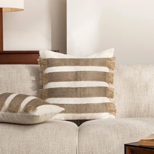 MOCOFO Handwoven Jute Cotton Striped Pillow Covers, Wabi Sabi Boho Farmhouse Decorative Throw Cushion Cover with Fringe, 18x18 & 12x20 Inch (Cover Only) (White/Natural, 18x18) - Image 5