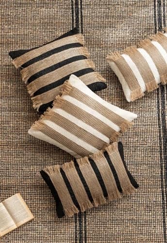 MOCOFO Handwoven Jute Cotton Striped Pillow Covers, Wabi Sabi Boho Farmhouse Decorative Throw Cushion Cover with Fringe, 18x18 & 12x20 Inch (Cover Only) (White/Natural, 18x18) - Image 2