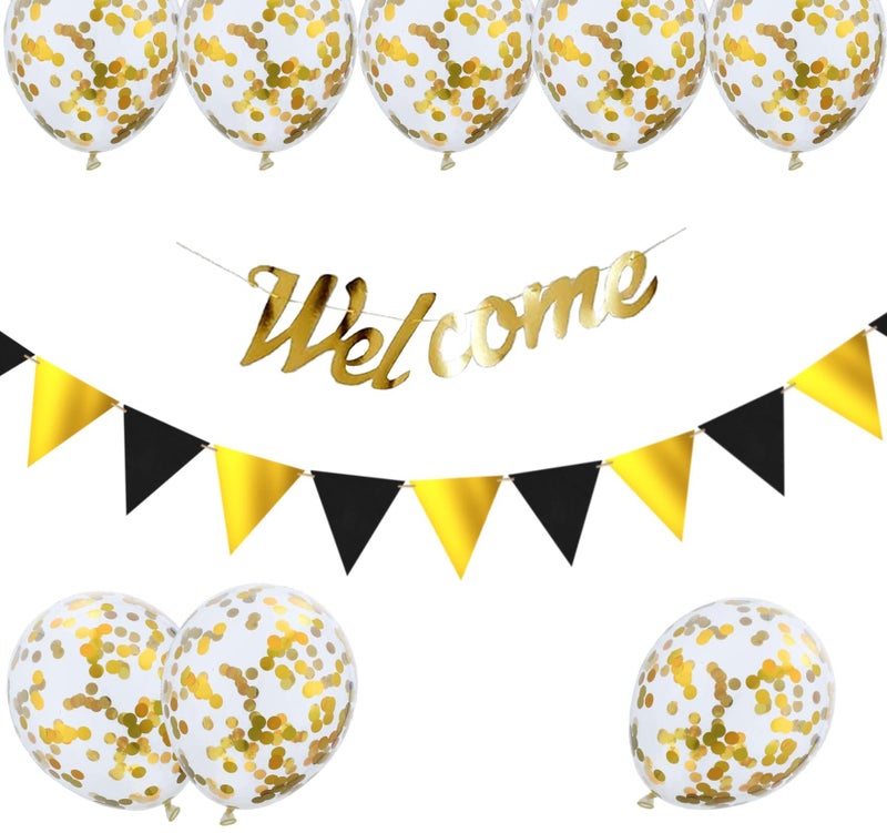 TOYXE Ultimate Gold Welcome Home Paper Banner With Paper Buntings And Confetti Balloons Set Of 10 Pcs - Image 5