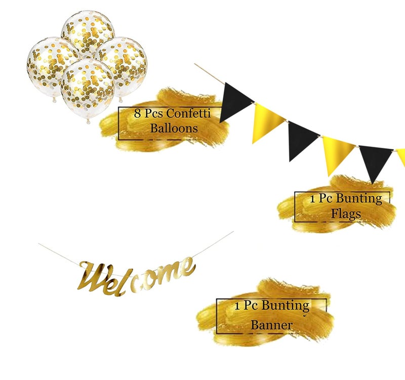 TOYXE Ultimate Gold Welcome Home Paper Banner With Paper Buntings And Confetti Balloons Set Of 10 Pcs - Image 2
