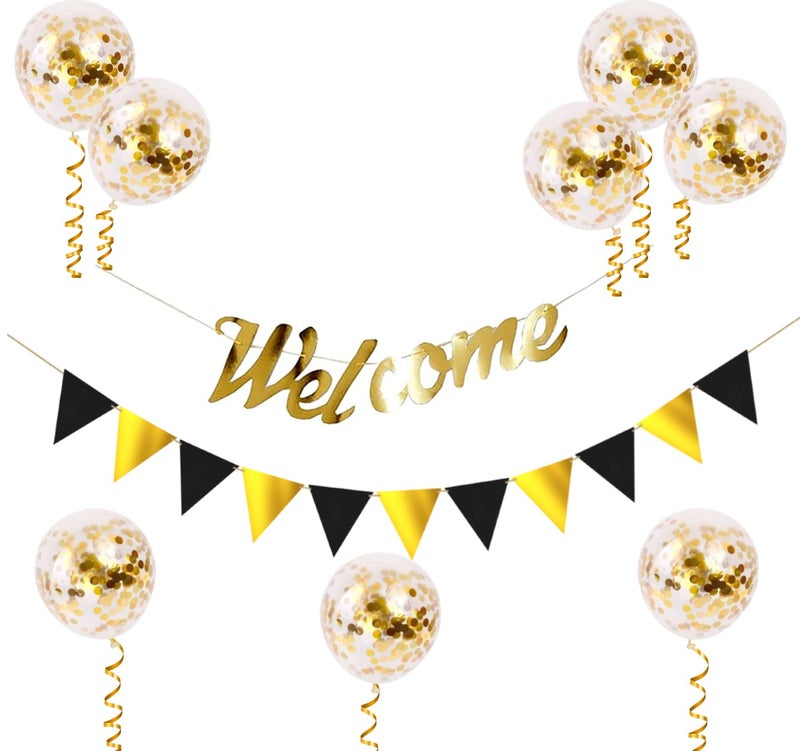 TOYXE Ultimate Gold Welcome Home Paper Banner With Paper Buntings And Confetti Balloons Set Of 10 Pcs - Image 3