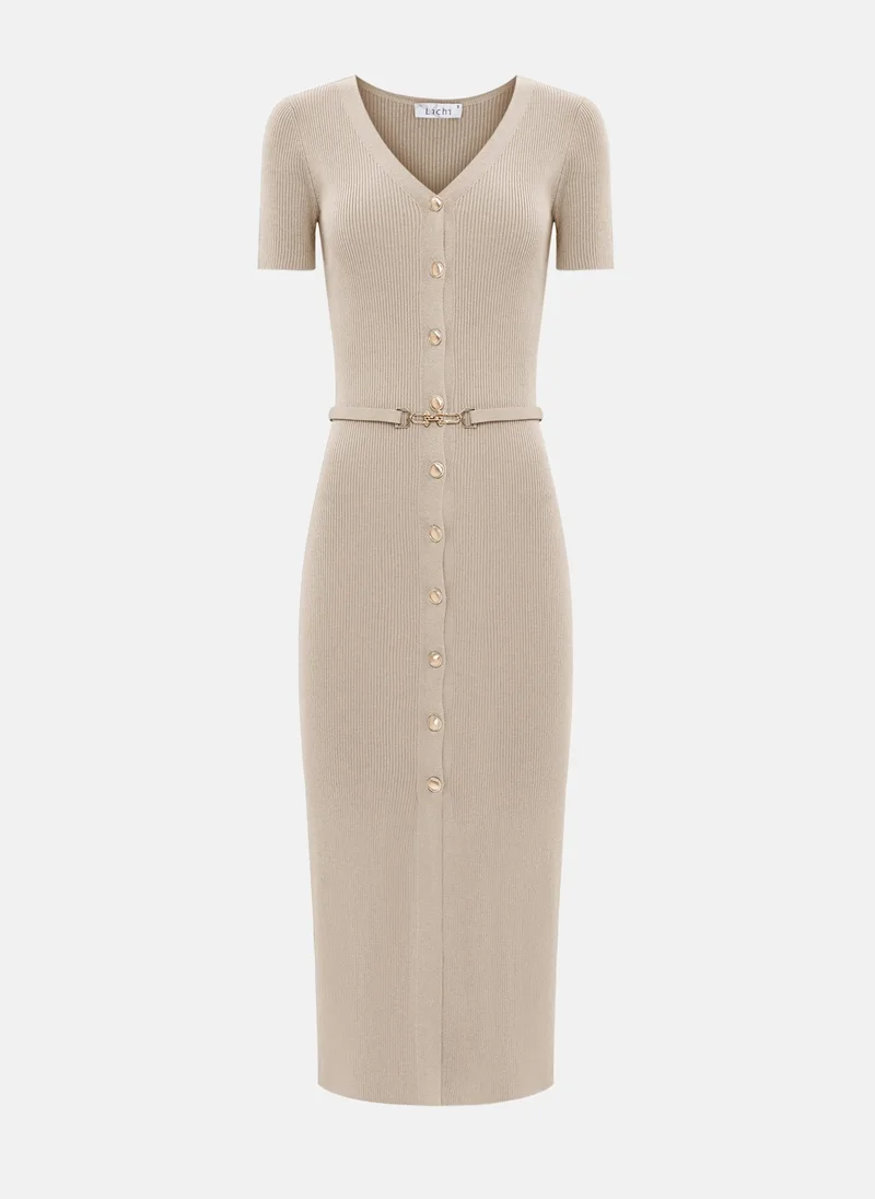 Lichi Knitted midi dress with buttons at the front and matching belt