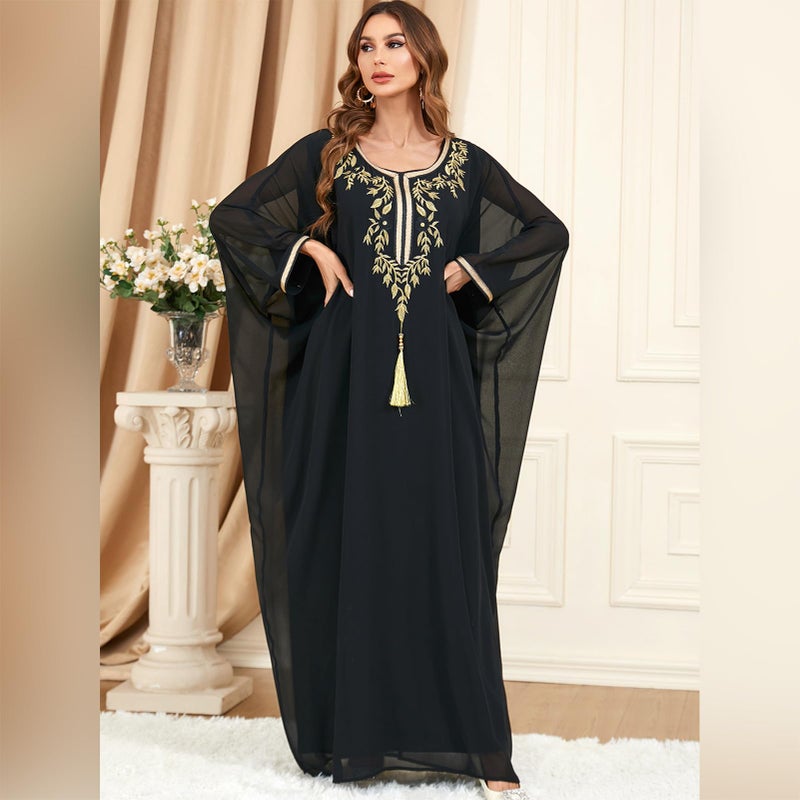 IWEMEK عباءة كفتان نسائية مسلمة من دبي فستان كاجوال مغربي كفتان فستان ملابس عيد تطريز مغربي عباءات دبي فستان فاراشا أنيقة طويلة إسلامية ملابس رمضان الشرق الأوسط سوداء - Image 2