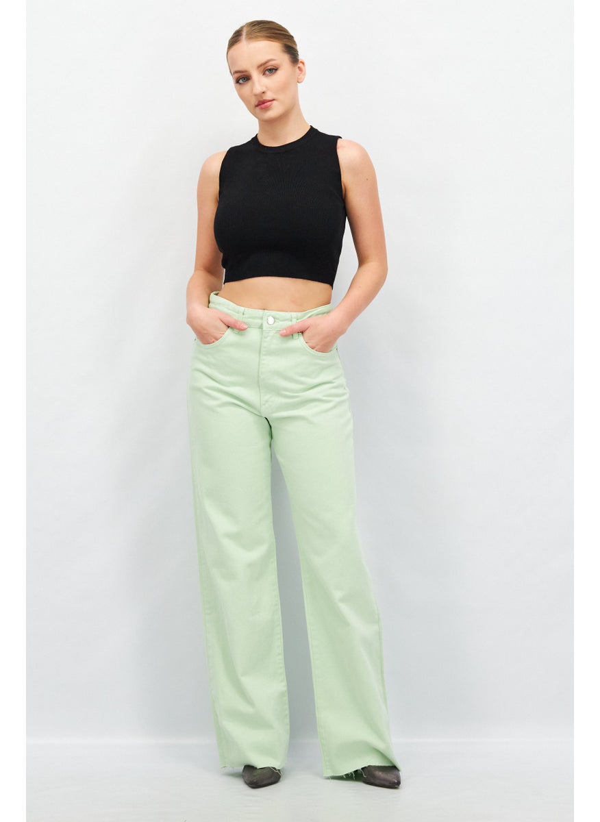 Stradivarius - Women Long Straight Fit Textured Jeans, Light Green - Image 1