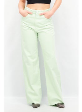 Women Long Straight Fit Textured Jeans, Light Green