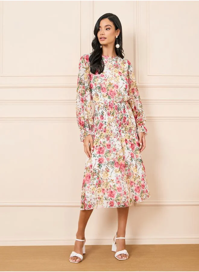 Styli Floral Print Smocked Waist Detail A-Line Midi Dress