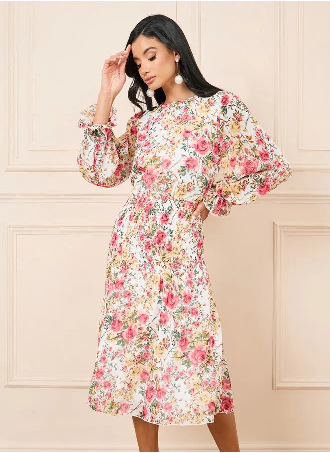 Styli Floral Print Smocked Waist Detail A-Line Midi Dress